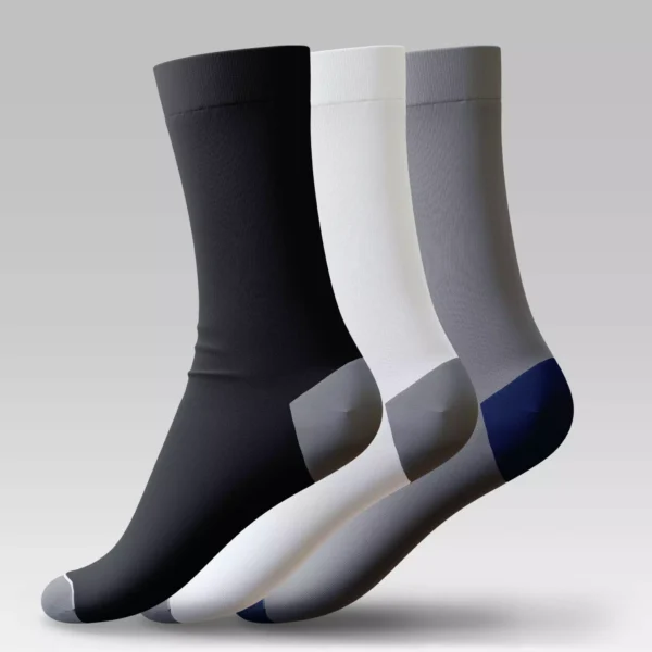 Three pairs of men's long half cushioned socks – 3-pack with light padding in black, white, and gray tones, made from Egyptian cotton by Stitch