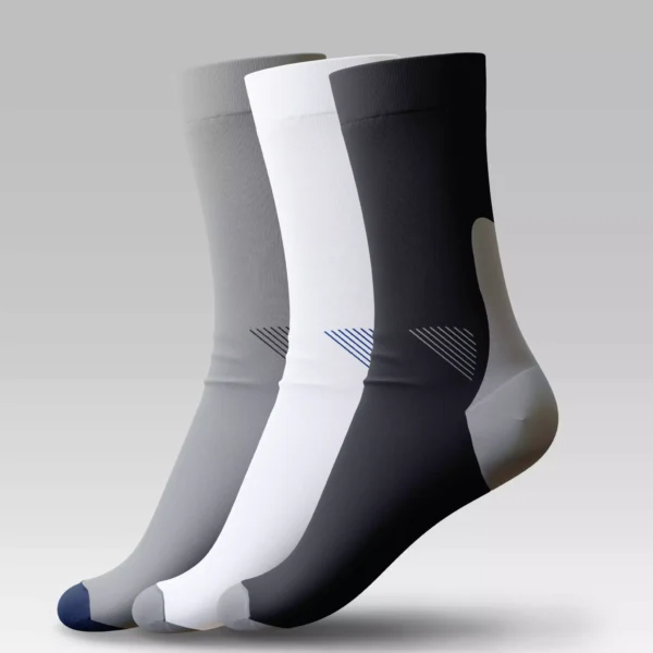 Men's Long Half Cushioned Socks 3-pack – Egyptian cotton crew socks in neutral gray, white, and navy tones