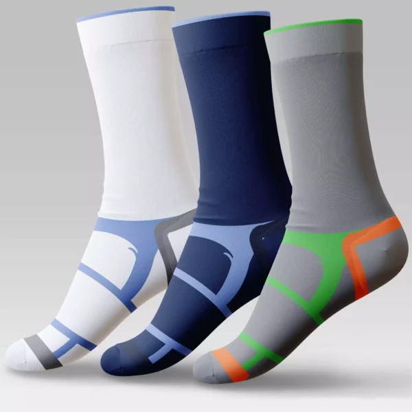 Men's Long Half Cushioned Socks – 3-pack Egyptian cotton crew socks with color-block design in white, navy, and gray by Stitch