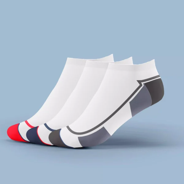 Men's Low Half Cushioned Socks – White 3-Pack with red and grey accents made from Egyptian cotton for breathable, padded comfort – Stitch