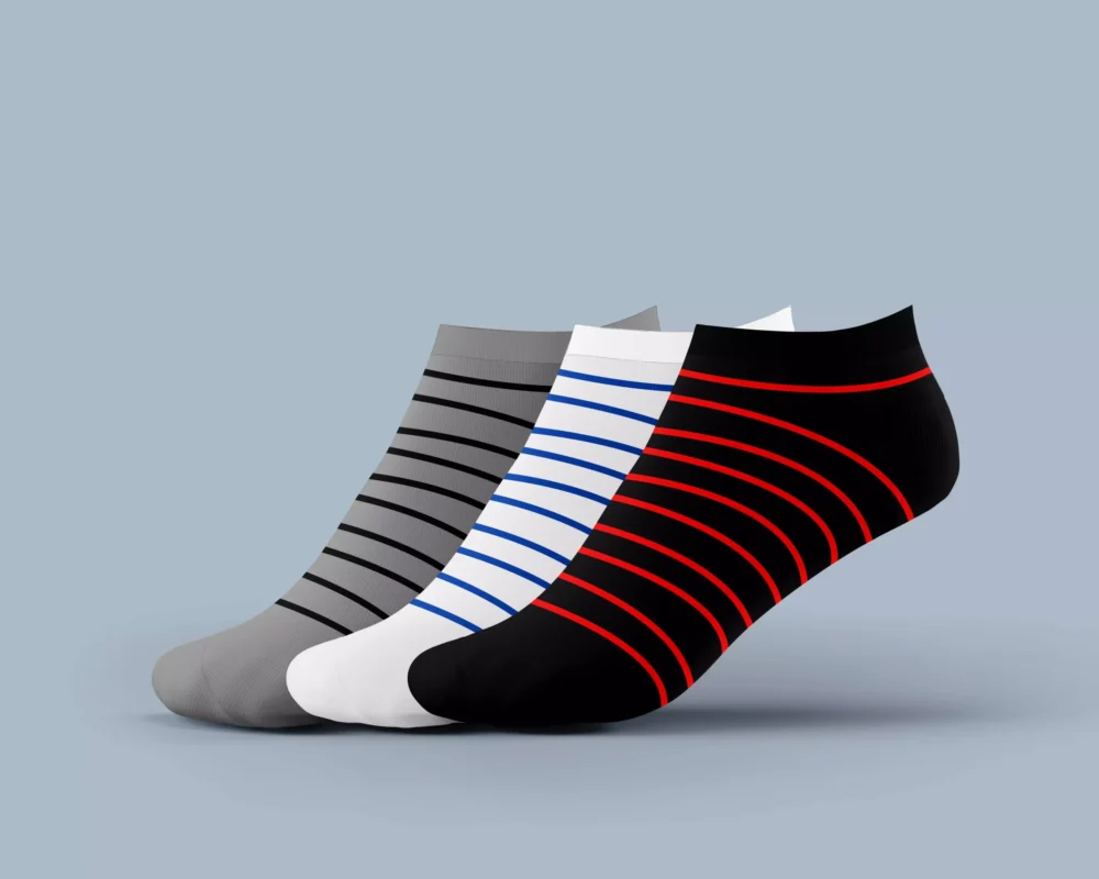 Men's Low Light Weight Socks – striped 3-pack in grey, white, and black for breathable comfort Lightweight striped socks for men – low cut, stretch-fit Egyptian cotton design Low cut cotton socks with arch grip and moisture-wicking for active routines Soft and durable no-show socks for men – red, blue, and black striped variety pack