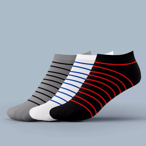 Men's Low Light Weight Socks – striped 3-pack in grey, white, and black for breathable comfort Lightweight striped socks for men – low cut, stretch-fit Egyptian cotton design Low cut cotton socks with arch grip and moisture-wicking for active routines Soft and durable no-show socks for men – red, blue, and black striped variety pack