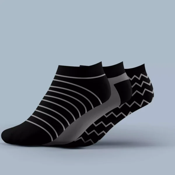 Men's Low Light Weight Socks – black and grey 3-pack with breathable Egyptian cotton Lightweight patterned socks for men – striped and chevron styles in low cut fit Black low cut socks with grey accents – cushioned heel, reinforced toe, and flat seams Egyptian cotton socks for men – moisture-wicking, stretch-fit, and stylish everyday wear