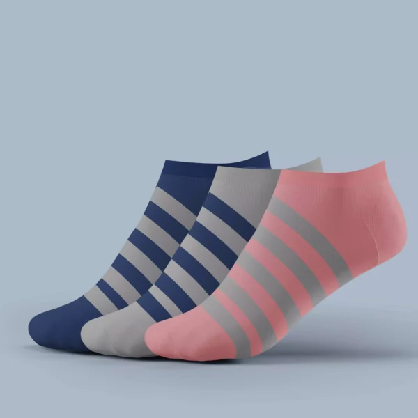 Women's Low Light Weight Socks – striped multicolor 3-pack in breathable Egyptian cotton Lightweight striped socks for women – pink, navy, and grey no-show designs Low cut breathable socks with stretch-fit and cushioned toe – for daily wear Soft Egyptian cotton socks for women – multicolor style and moisture-wicking comfort